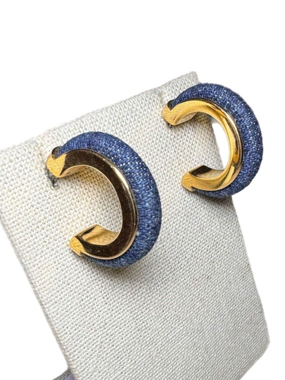 VTG Joan Rivers Earrings Hoop Denim Fabric Gold T… - image 1