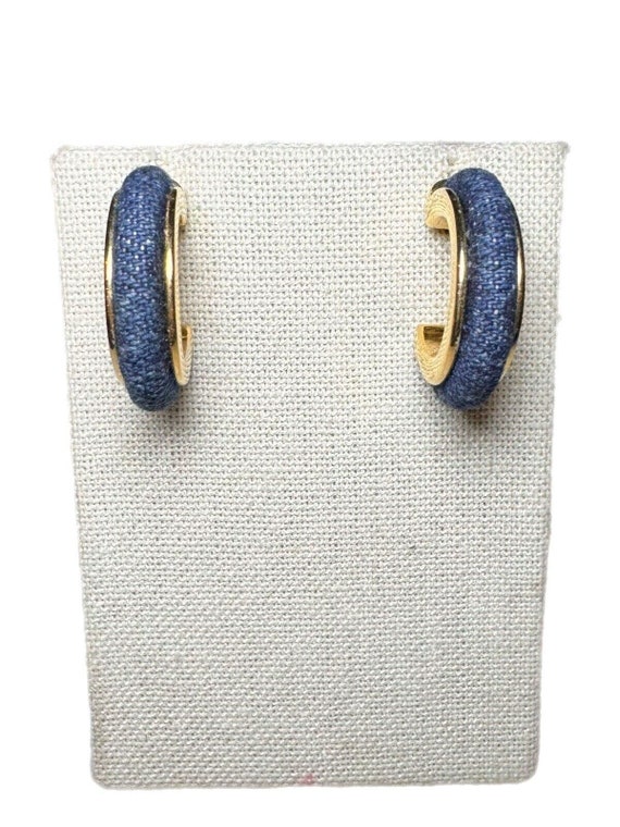 VTG Joan Rivers Earrings Hoop Denim Fabric Gold T… - image 2