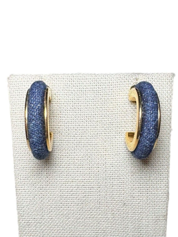 VTG Joan Rivers Earrings Hoop Denim Fabric Gold T… - image 3
