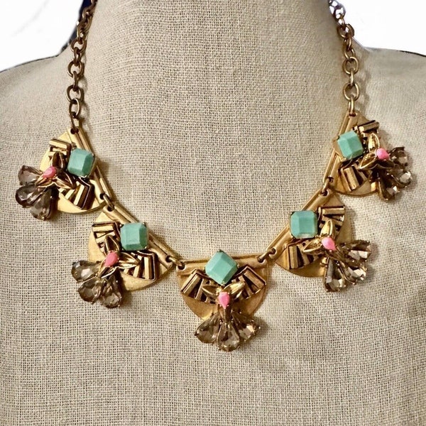 Stella & Dot Devina Green Pink Antique Gold Collar Statement Necklace