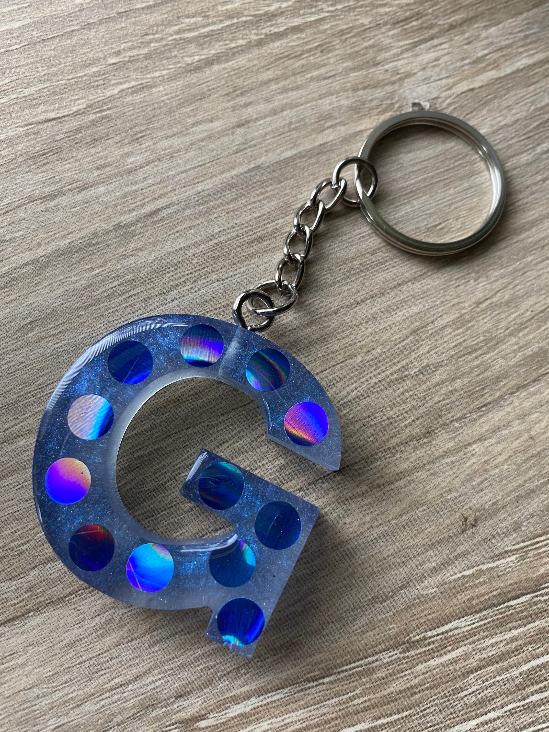 Blue letter G keychain with blue color shifting polka dots Etsy