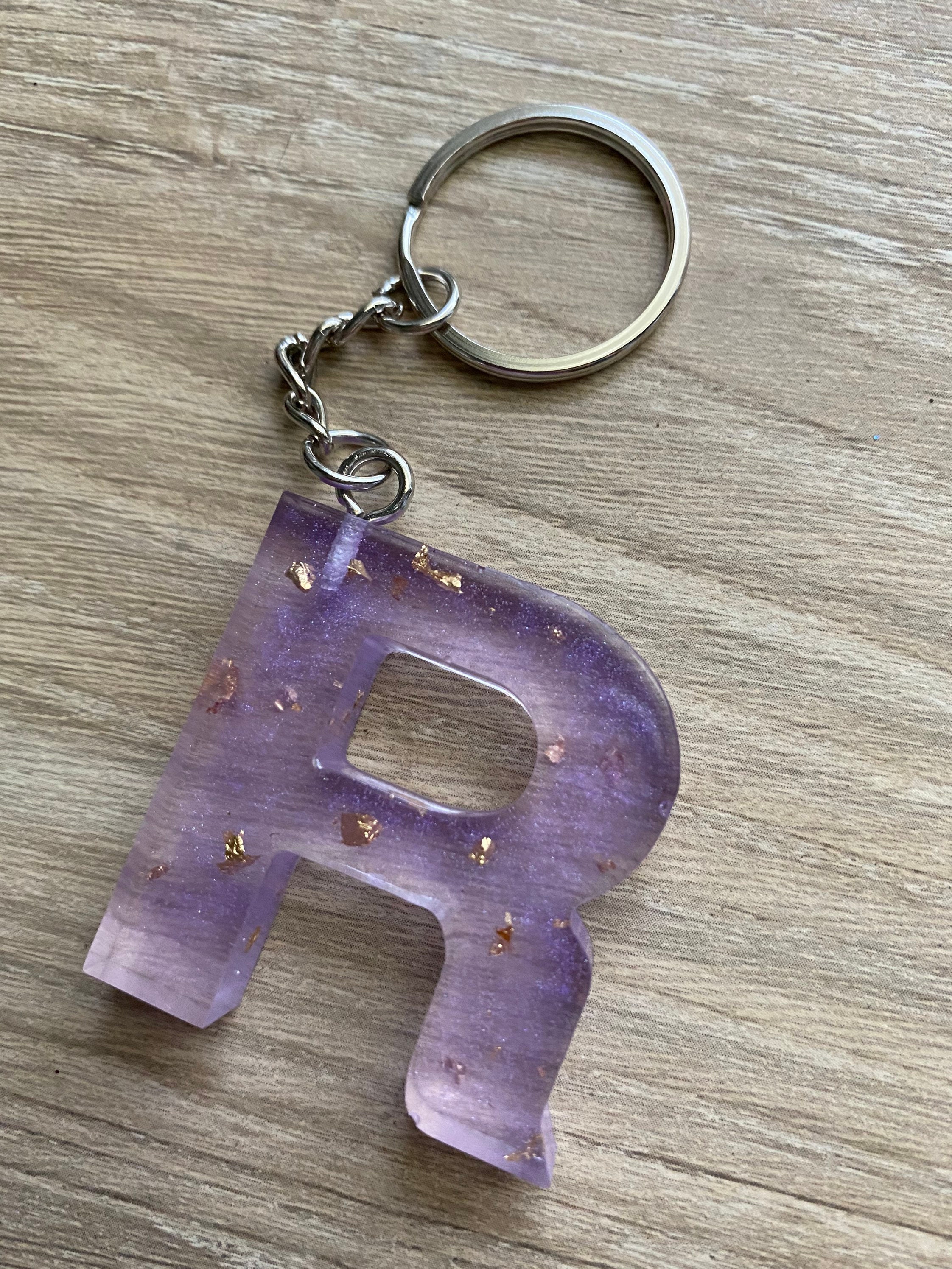 Purple transparent letter R keychain with gold specks Etsy