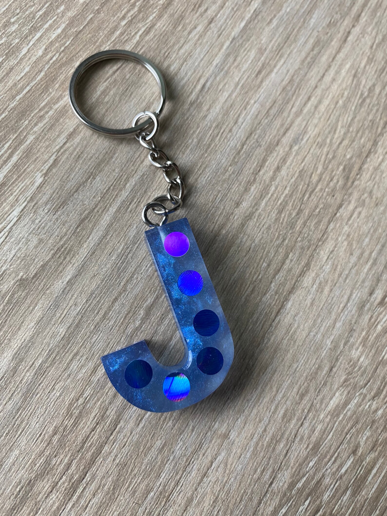 Blue letter J keychain with blue color shifting polka dots Etsy