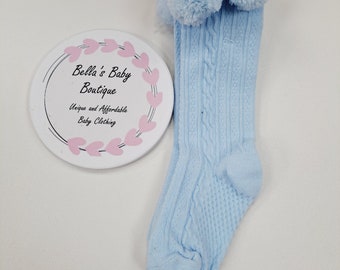 Blauwe knie hoge Pom Pom sokken, baby jongen sokken, baby knie hoge sokken, babysokjes, babymeisje sokken, nieuwe baby cadeau, nieuwe baby, peuter