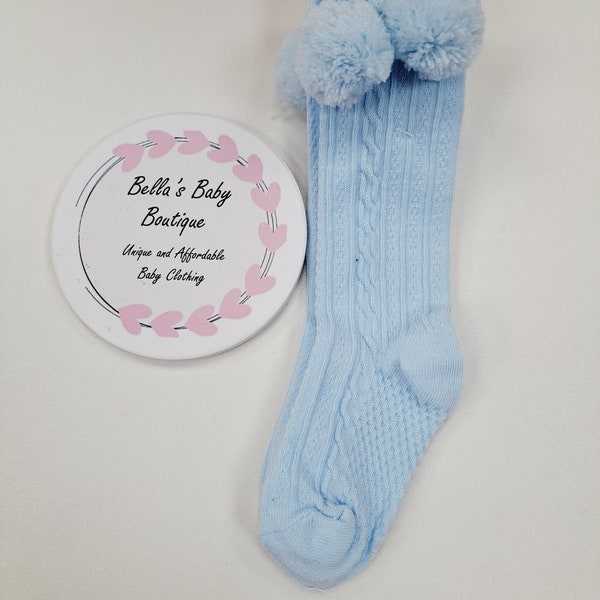 Blue Knee High Pom Pom Socks, baby boy socks, baby knee High socks,  baby socks, baby girl socks, new baby gift, new baby, Toddler