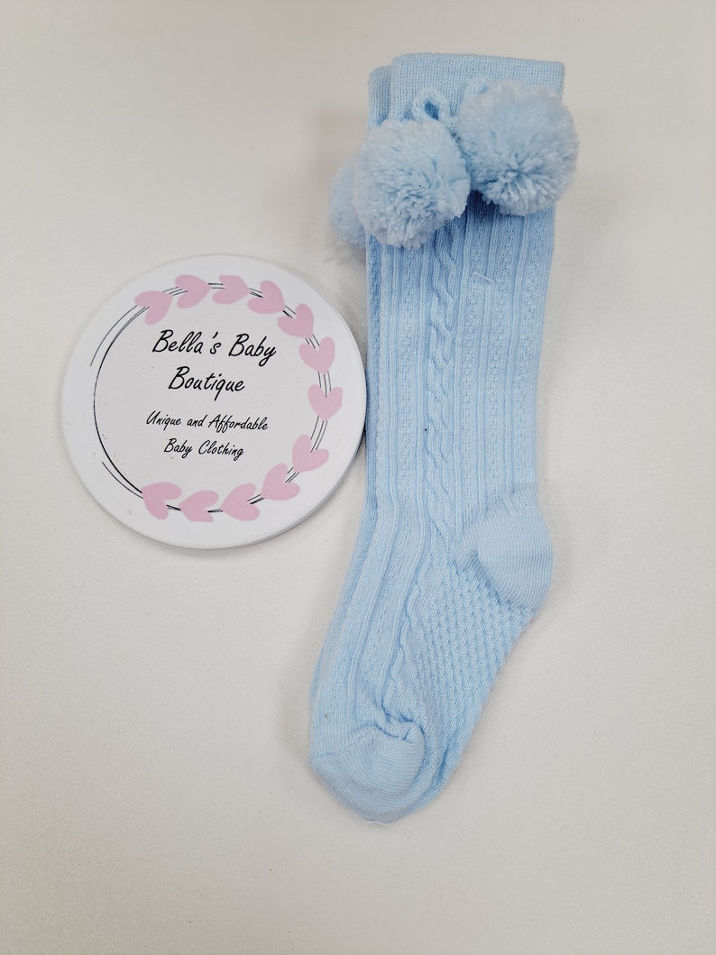 Blue Knee High Pom Pom Socks, baby boy socks, baby knee High socks, baby socks, baby girl socks, new baby gift, new baby, Toddler image 1