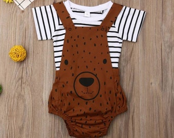 TIANRUN Baby Infant Boy Girl Short Sleeve Cartoon Print Jumpsuit Cute Bear Romper Pajamas Clothes Summer Outfits