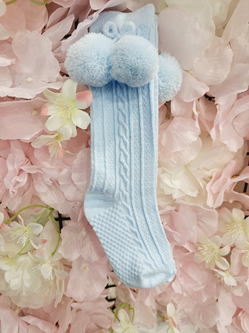 Blue Knee High Pom Pom Socks, baby boy socks, baby knee High socks, baby socks, baby girl socks, new baby gift, new baby, Toddler image 2