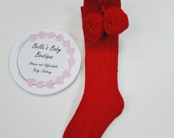 Chaussettes hautes rouges à pompons en tricot, chaussettes de Noël pour bébé, chaussettes hautes pour bébé, chaussettes pour bébé, chaussettes de Noël, jour de Noël, nouveau-né,