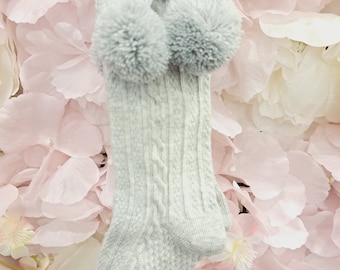 Grey Knee High Pom Pom Socks, baby boy socks, baby knee High socks,  baby socks, baby girl socks, new baby gift, new baby, Toddler