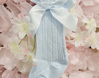 Pale Blue Knee High Socks, baby socks, baby bow socks, birthday socks, baby girl toddler socks, baby knee high, new baby wear, new baby