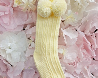 Lemon Knee High Pom Pom Sokken, babyjongensokken, baby kniekousen, babysokjes, babymeisjessokken, nieuwe babycadeau, nieuwe baby, peuter