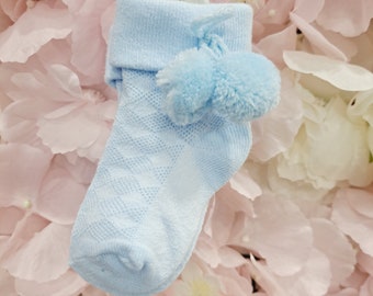 Blue Pom Pom Ankle Socks, Baby Socks, baby ankle socks, baby occasion socks, new baby, baby girl, baby boy, new baby gift, baby wedding