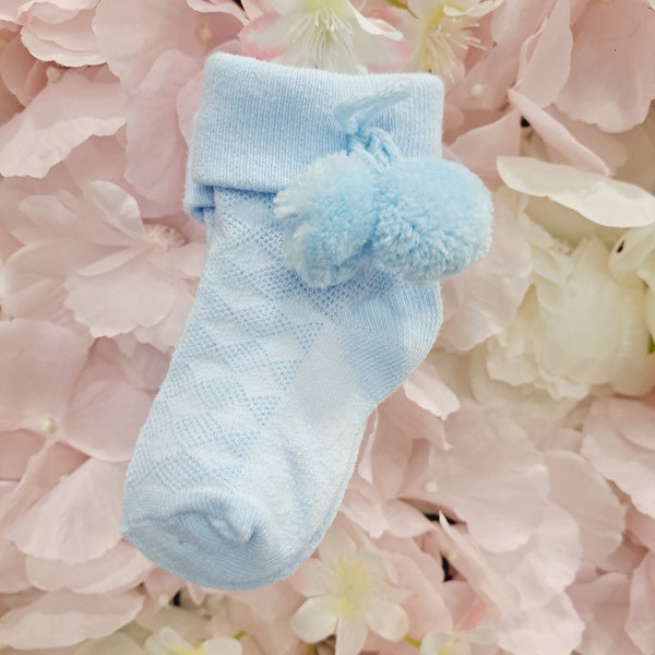 Blue Pom Pom Ankle Socks, Baby Socks, baby ankle socks, baby occasion socks, new baby, baby girl, baby boy, new baby gift, baby wedding