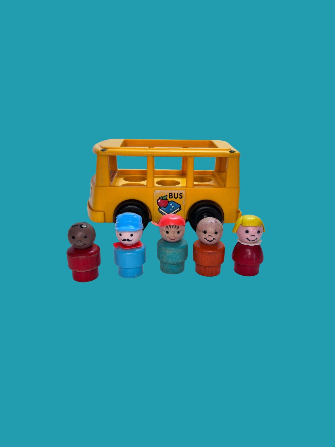 Bus + 6 figurines Fisher Price vintage et 2 voitures de chantier