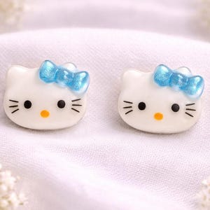 Cat Stud Earrings, Stainless Steel Posts, Acrylic Cat Earrings, Blue or Pink Bow Earrings, Cute Gift UK