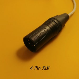 以下が含まれることがあります： 金色のピンが付いた黒い4ピンXLRコネクタ。コネクタには「NEUTRIK」と表示されています。