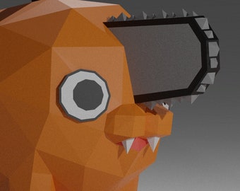 May include: A low-poly 3D model of a creature with orange skin, a large black eye, and a chainsaw for a mouth. The creature has sharp teeth and a menacing expression.