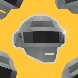 Op de afbeelding: Een herhalend patroon van grijze, geometrische robothelm-illustraties op een heldergele achtergrond. De helmen hebben een zwart vizier en een witte omtrek. Een helder wit steruitbarstingseffect is zichtbaar op een van de helmen.