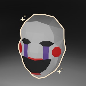 Puede incluir: Una máscara estilizada, de baja resolución, con una cara gris, ojos negros y mejillas rojas. La máscara tiene lágrimas moradas y una boca roja. La máscara está delineada en un color beige claro con acentos de estrellas.