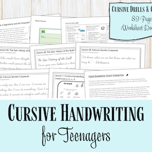 Peut inclure: Un ensemble de feuilles de travail en noir et blanc conçues pour les adolescents afin de pratiquer l'écriture cursive. Les feuilles de travail comprennent des citations, des exercices et des copies. Le titre du produit est "Cursive Handwriting for Teenagers".