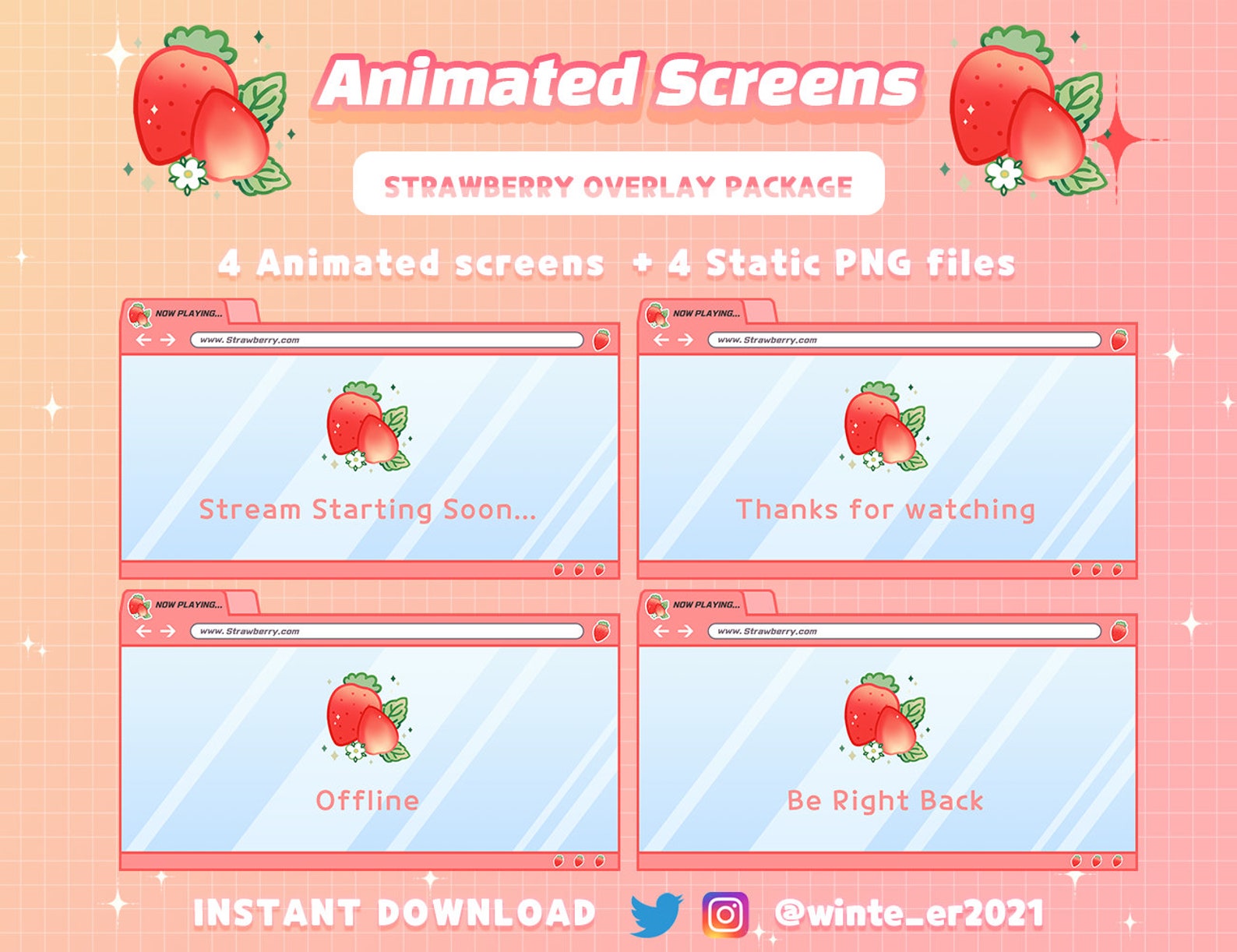 Animated Twitch Strawberry Stream Screens / Pastel Strawberry