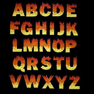 May include: A fiery alphabet with each letter rendered in a flame-like design. The letters are yellow and orange with red accents, creating a fiery effect.