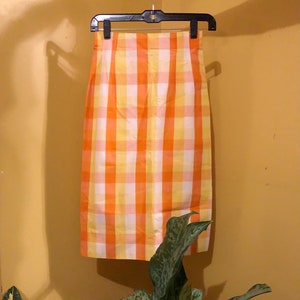 RARE Vintage 60s Gingham Midi Pencil Skirt Women's Size X-Small Handmade One-of-a-Kind 1960s Retro Orange Yellow White Checked Plaid Pattern image 1