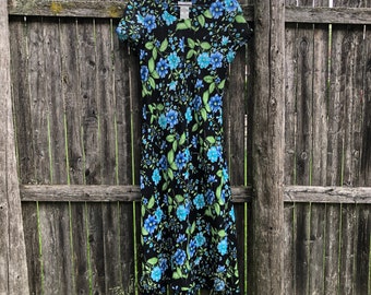 Vintage 90s White Stag Dainty Floral Short Sleeve Maxi Dress Ruffled Hem US Women's Size 8 Black Blue Green