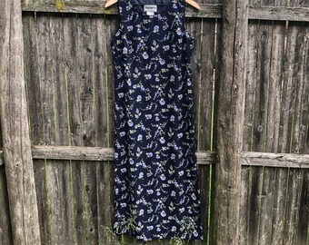 Vintage 90s Plaza South Floral Navy Sleeveless Maxi Dress Dainty Light Blue Print US Women's Size 4 Cottagecore