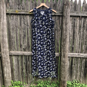 Vintage 90s Plaza South Floral Navy Sleeveless Maxi Dress Dainty Light Blue Print US Women&#39;s Size 4 Cottagecore