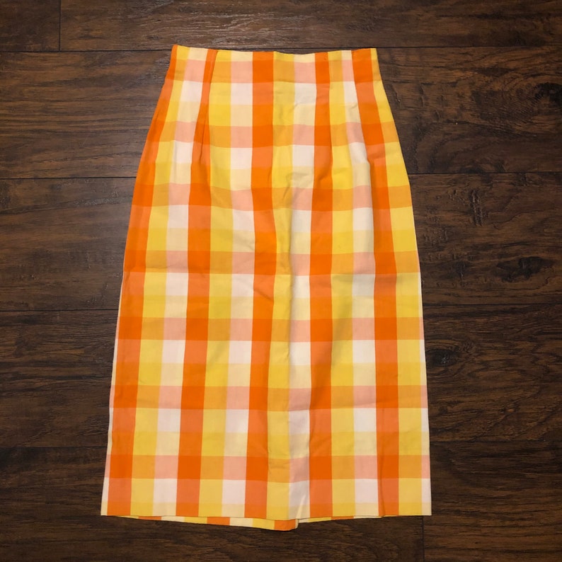 RARE Vintage 60s Gingham Midi Pencil Skirt Women's Size X-Small Handmade One-of-a-Kind 1960s Retro Orange Yellow White Checked Plaid Pattern image 2