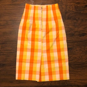 RARE Vintage 60s Gingham Midi Pencil Skirt Women's Size X-Small Handmade One-of-a-Kind 1960s Retro Orange Yellow White Checked Plaid Pattern image 3