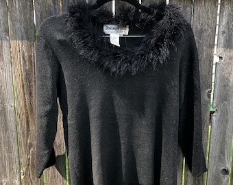 Vintage 90s/y2k Joseph A. Black Silver Metallic Feather/Fur lined Sweater Women's Size L Silk