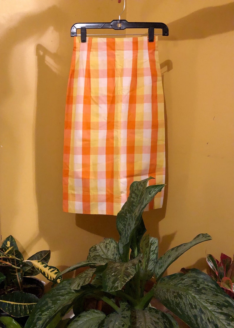 RARE Vintage 60s Gingham Midi Pencil Skirt Women's Size X-Small Handmade One-of-a-Kind 1960s Retro Orange Yellow White Checked Plaid Pattern image 1