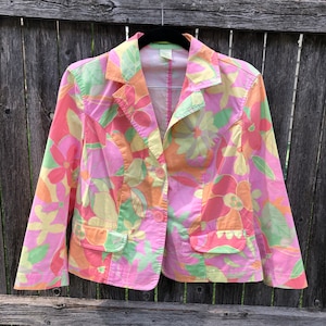 Vintage y2k Sigrid Olsen Bright Floral Blazer Women&#39;s Petite Size 6 Pastel Neon Button Up Barbie Inspired