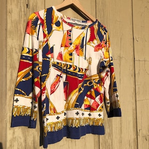 Vintage 90s Barbara Gerwit Nautical Abstract 3/4 Sleeve Top Women&#39;s Size L Red White Blue Gold Geometric Print Shirt