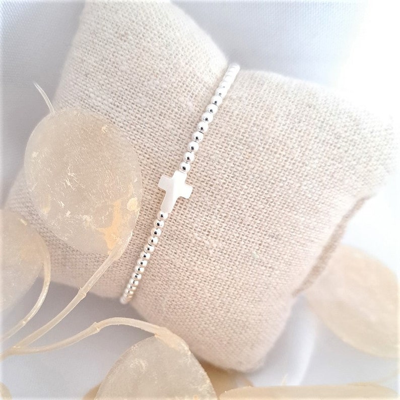 Bracelet perles argent 925 & croix nacre blanche image 2
