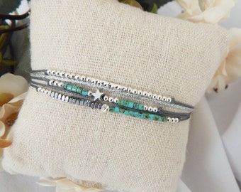 Multi-row cord bracelet, silver and miyuki, gift idea