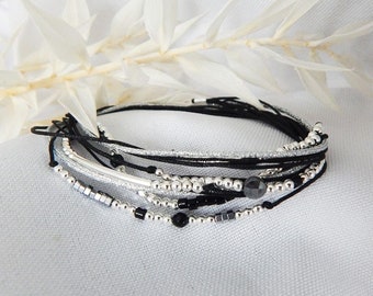 Multi-turn black cord bracelet in 925 silver, trendy women's bracelet.