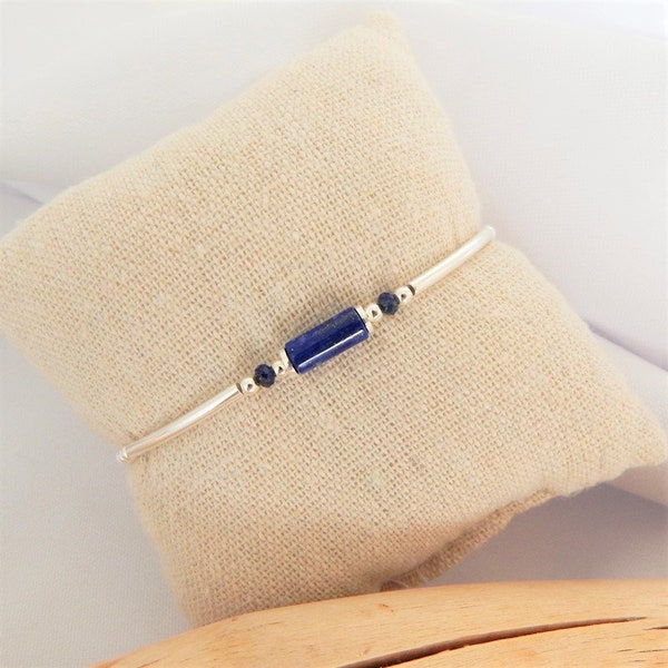 Bracelet perles et tubes argent 925 & pierres fines Lapis-Lazuli