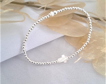 925 silver beaded bracelet & white mother-of-pearl cross