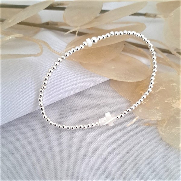 Bracelet perles argent 925 & croix nacre blanche