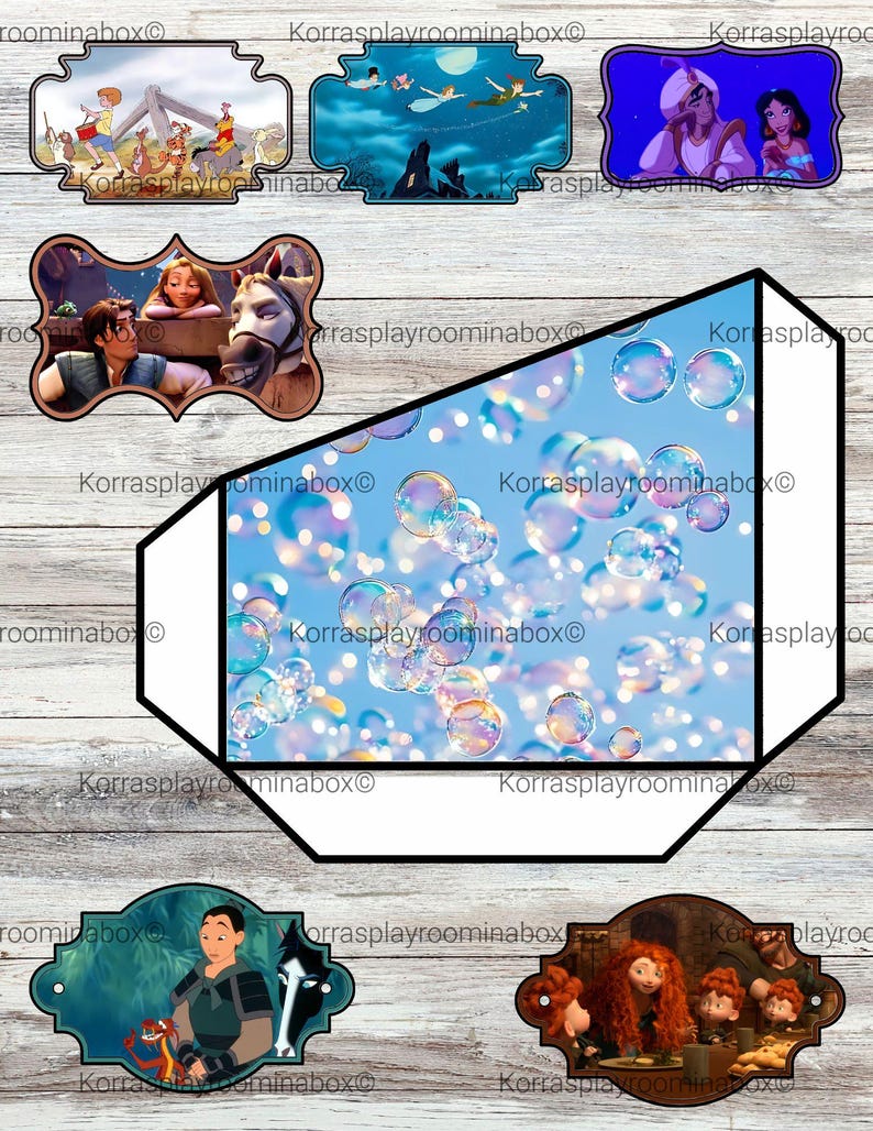 Puede incluir: Una colecci&oacute;n de etiquetas decorativas con personajes y escenas de dibujos animados. Las etiquetas presentan personajes de pel&iacute;culas de animaci&oacute;n, incluyendo escenas con burbujas, Peter Pan, Aladdin, Rapunzel, Mulan y Brave. Las etiquetas est&aacute;n sobre un fondo de vetas de madera clara.
