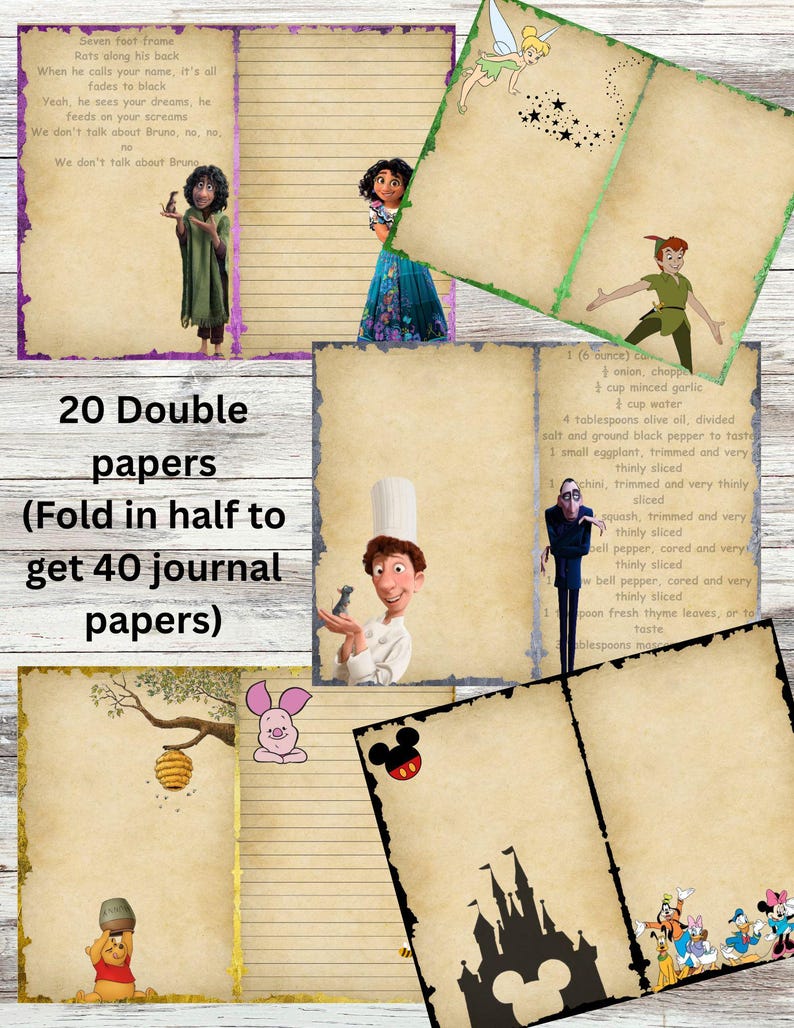 Puede incluir: Un conjunto de 20 hojas de diario de doble cara, con varios personajes y escenas de Disney. Las p&aacute;ginas tienen un aspecto vintage, con bordes decorativos e ilustraciones de personajes como Winnie the Pooh, Peter Pan y otros.