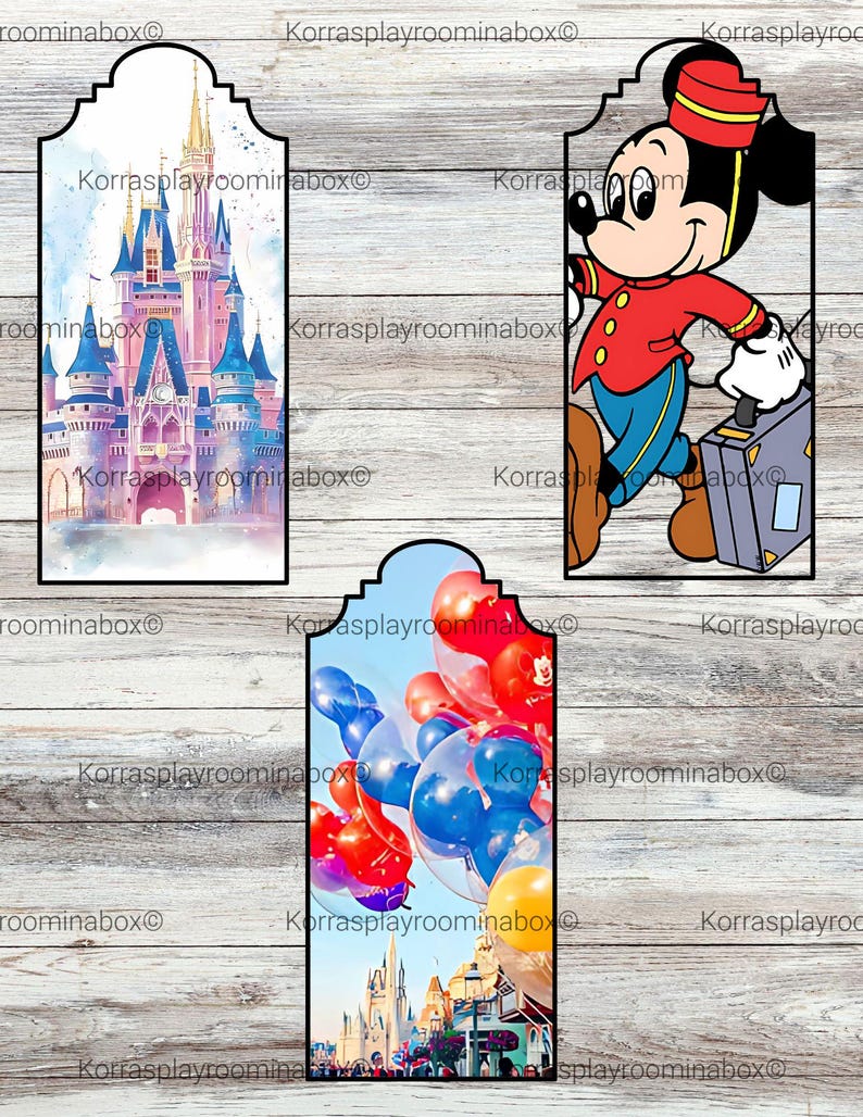 Puede incluir: Tres etiquetas decorativas con temas de Disney. Una muestra un castillo de acuarela, otra representa a Mickey Mouse con uniforme de botones, y la tercera muestra globos con un parque de fondo. Cada etiqueta tiene una forma y un dise&ntilde;o &uacute;nicos.