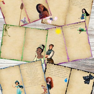 Puede incluir: Una colecci&oacute;n de p&aacute;ginas abiertas de aspecto envejecido con ilustraciones y citas de personajes de Disney. Los personajes incluyen a Moana, Mulan, Tiana, Rapunzel, Jasmine y Merida. Las p&aacute;ginas tienen bordes decorativos en varios colores.