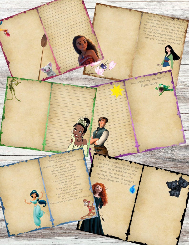 Puede incluir: Una colecci&oacute;n de p&aacute;ginas abiertas de aspecto envejecido con ilustraciones y citas de personajes de Disney. Los personajes incluyen a Moana, Mulan, Tiana, Rapunzel, Jasmine y Merida. Las p&aacute;ginas tienen bordes decorativos en varios colores.