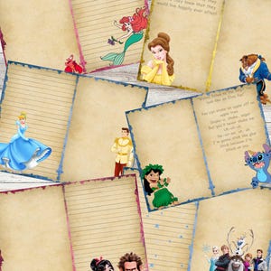 Puede incluir: Una colecci&oacute;n de p&aacute;ginas de papel rayado con ilustraciones de varios personajes de Disney. Los personajes incluyen a Ariel, Bella, Cenicienta y otros. Algunas p&aacute;ginas tienen texto, incluyendo frases como "The spell was broken!" y letras de canciones.