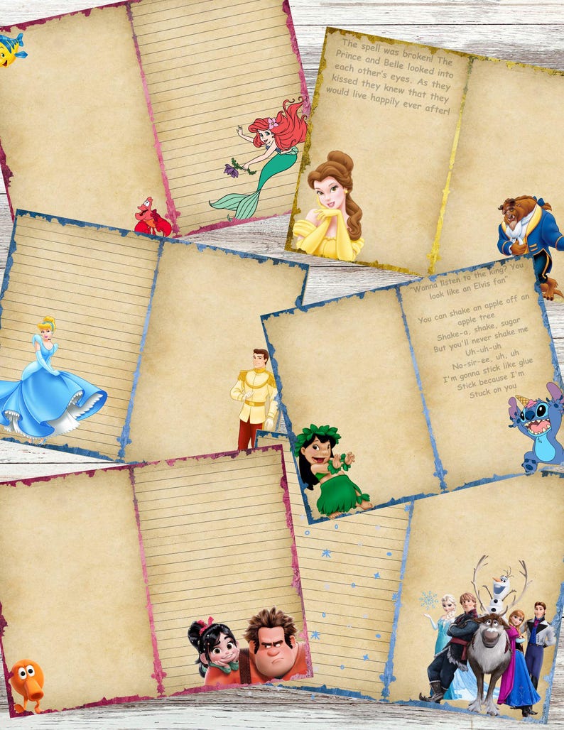 Puede incluir: Una colecci&oacute;n de p&aacute;ginas de papel rayado con ilustraciones de varios personajes de Disney. Los personajes incluyen a Ariel, Bella, Cenicienta y otros. Algunas p&aacute;ginas tienen texto, incluyendo frases como "The spell was broken!" y letras de canciones.